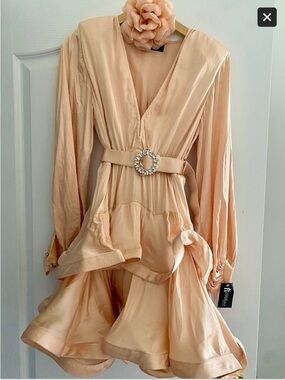 Peach V-Neck Long Sleeve Ruffled Mini Dress with Decorative Belt